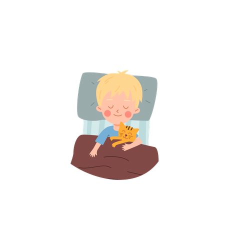 Petit enfant endormi serrant son chat dans ses bras  Illustration