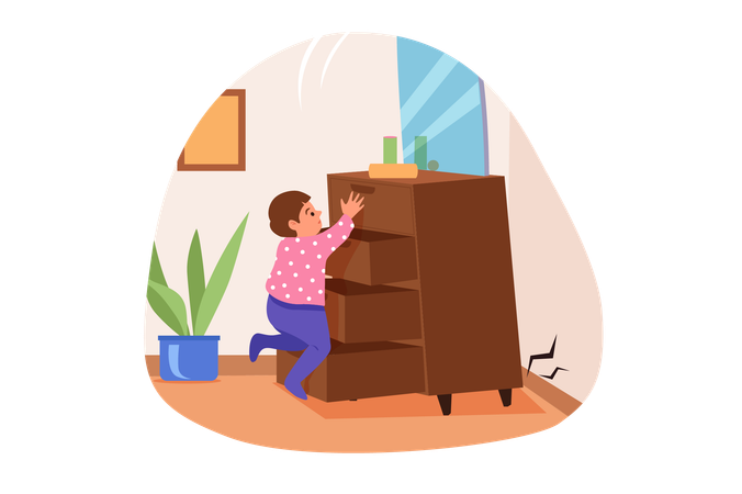 Un petit enfant grimpe sur une commode pour quelque chose  Illustration