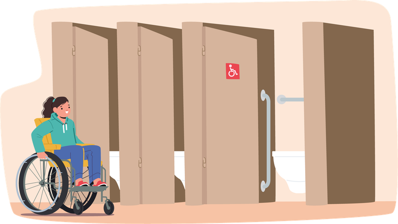 Petit enfant inclusif avec handicap physique dans des toilettes accessibles aux fauteuils roulants  Illustration