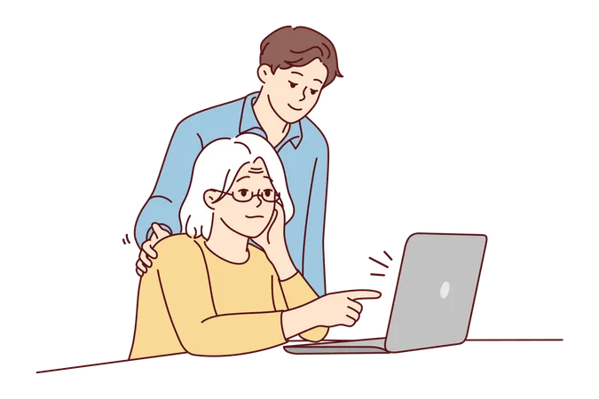 Petit-fils apprenant à sa grand-mère à utiliser un ordinateur portable  Illustration