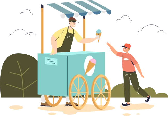 Un petit garçon achète de la glace au chariot du kiosque extérieur  Illustration