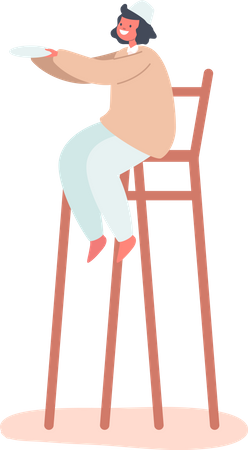 Petit garçon arabe assis sur un tabouret haut et tenant une assiette dans les mains  Illustration