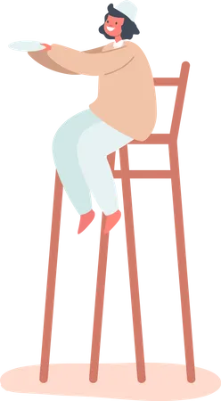 Petit garçon arabe assis sur un tabouret haut et tenant une assiette dans les mains  Illustration