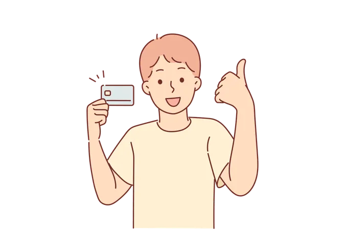 Un petit garçon avec une carte de crédit montre les pouces vers le haut  Illustration