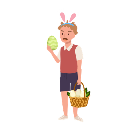 Petit garçon avec des oreilles de lapin tenant un œuf de Pâques et un panier dans l'autre main  Illustration