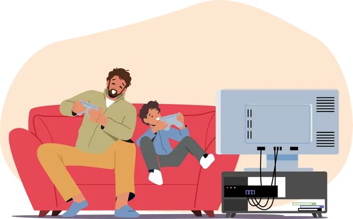 Petit garçon avec papa jouant à des jeux vidéo  Illustration