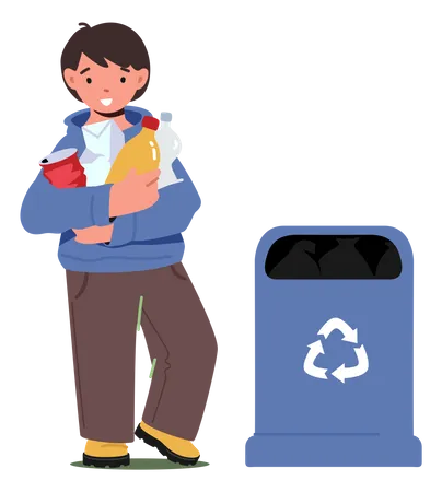 Un petit garçon ramasse les déchets et tient des bouteilles en plastique près du bac de recyclage  Illustration