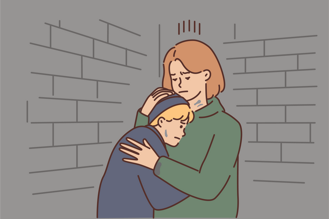 Petit garçon serrant sa mère dans ses bras et pleurant  Illustration