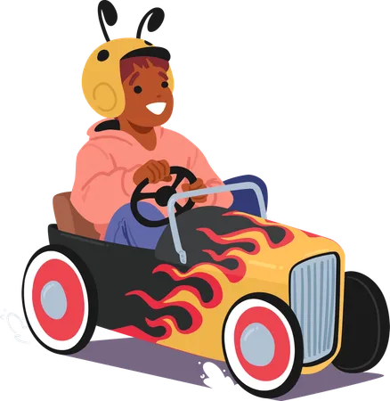 Petit garçon en costume d'abeille et conduit une voiture à pédales avec des flammes  Illustration