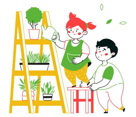 Petit garçon et fille arrosant des plantes  Illustration