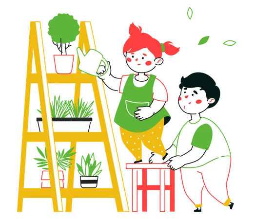 Petit garçon et fille arrosant des plantes  Illustration