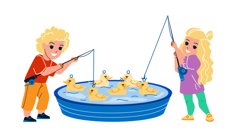 Petit garçon et fille, pêche au canard dans la piscine  Illustration