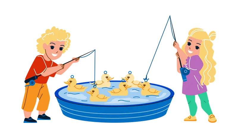 Petit garçon et fille, pêche au canard dans la piscine  Illustration