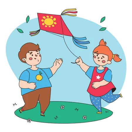 Petit garçon et fille volant un cerf-volant  Illustration
