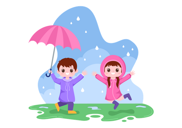 Petit garçon et fille jouant sous la pluie  Illustration