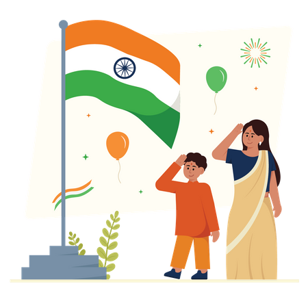 Petit garçon et fille saluent Tiranga  Illustration