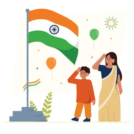 Petit garçon et fille saluent Tiranga  Illustration