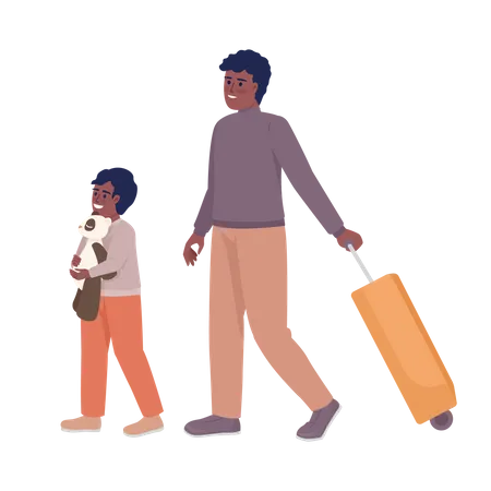 Petit garçon et père avec valise partant en avion  Illustration