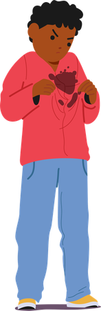 Petit garçon irrité et mécontent d'une tache de saleté sur ses vêtements  Illustration