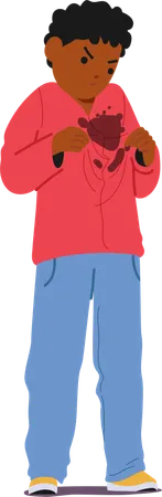 Petit garçon irrité et mécontent d'une tache de saleté sur ses vêtements  Illustration
