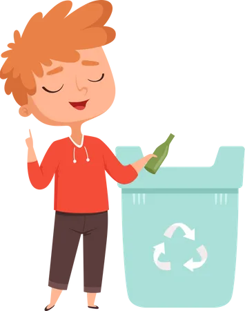 Petit garçon jetant des déchets dans une poubelle  Illustration