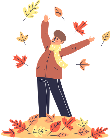 Petit garçon jouant avec des feuilles d'automne jaunes  Illustration