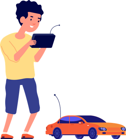 Petit garçon jouant avec une voiture télécommandée  Illustration