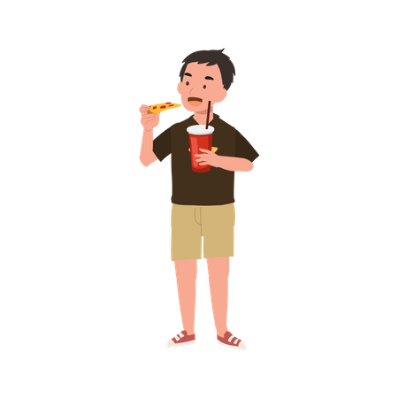 Petit garçon mangeant de la pizza et tenant un verre de boisson gazeuse  Illustration