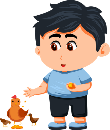 Petit garçon nourrissant une poule  Illustration