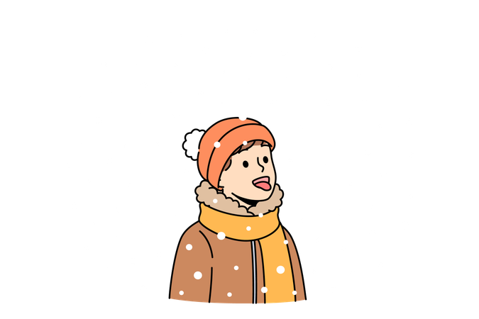 Un petit garçon ouvre la bouche et mange de la neige tout en profitant du temps hivernal et de l'ambiance du nouvel an  Illustration