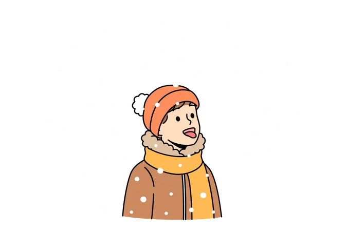 Un petit garçon ouvre la bouche et mange de la neige tout en profitant du temps hivernal et de l'ambiance du nouvel an  Illustration