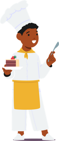 Un petit garçon portant l'uniforme de chef tient un gâteau sur une assiette  Illustration