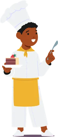 Un petit garçon portant l'uniforme de chef tient un gâteau sur une assiette  Illustration