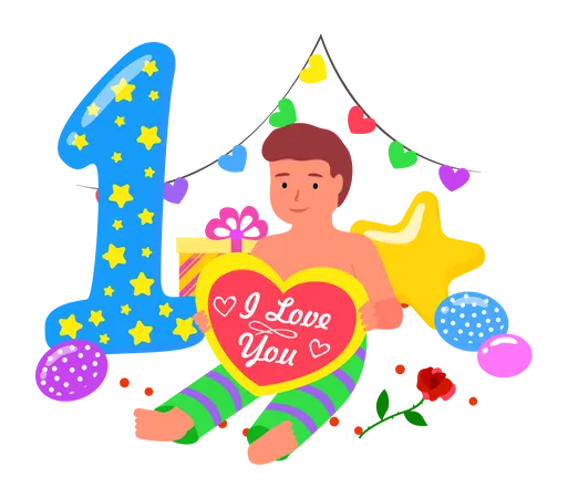 Petit garçon tenant coeur et fête son 1er anniversaire  Illustration