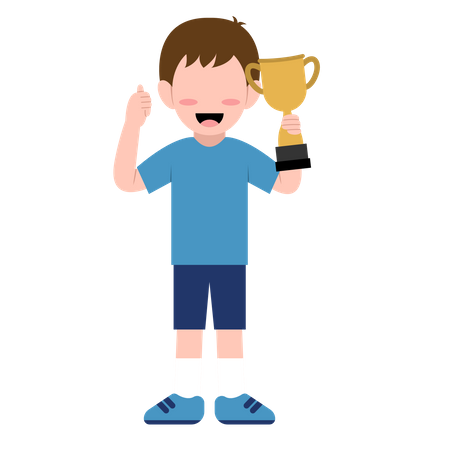 Petit garçon tenant le trophée et montrant le pouce vers le haut  Illustration