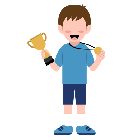 Petit garçon tenant un trophée et une médaille  Illustration