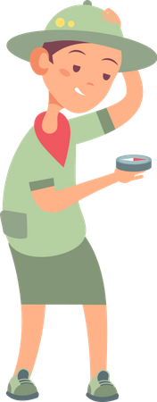 Petit garçon tenant une boussole en uniforme de scout  Illustration