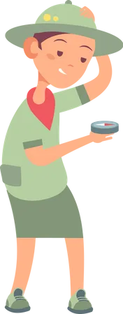 Petit garçon tenant une boussole en uniforme de scout  Illustration