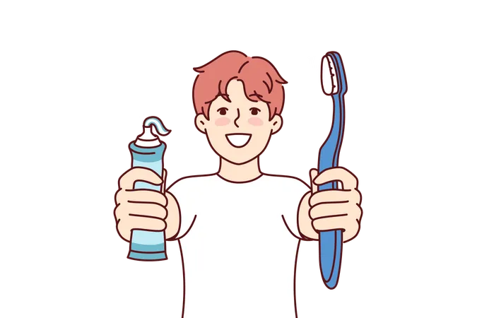 Le petit garçon tient le dentifrice et la brosse à dents  Illustration