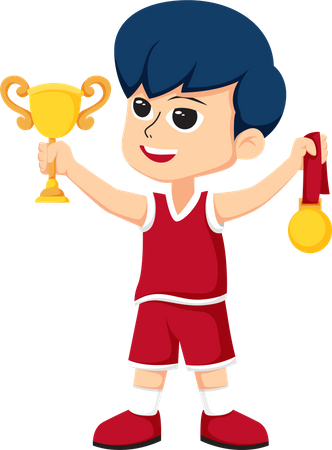 Petit joueur de basket-ball tenant un trophée et une médaille  Illustration