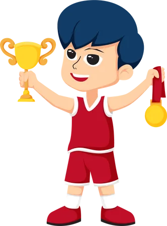 Petit joueur de basket-ball tenant un trophée et une médaille  Illustration