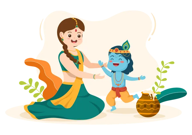 Petit Krishna avec sa mère Yashoda  Illustration