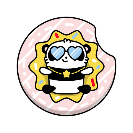 Un petit panda mignon se trouve sur le beignet circulaire gonflable dans la piscine  Illustration