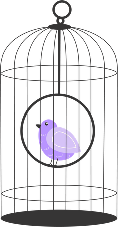Petit oiseau chanteur violet dans une cage à oiseaux moderne en fil de fer  Illustration