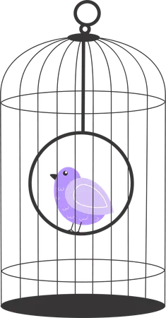 Petit oiseau chanteur violet dans une cage à oiseaux moderne en fil de fer  Illustration