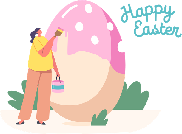 Une petite femelle décore et peint un énorme œuf de Pâques  Illustration