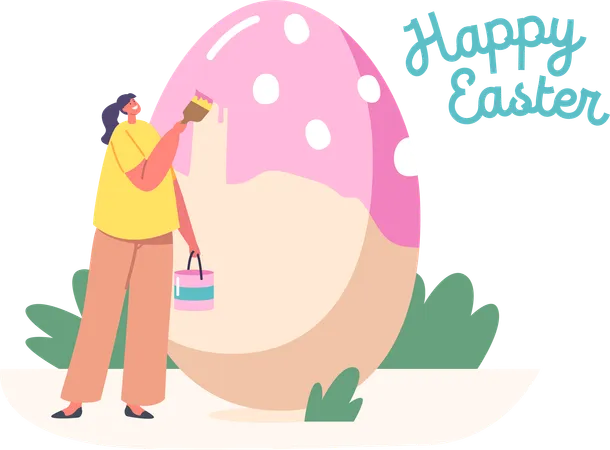 Une petite femelle décore et peint un énorme œuf de Pâques  Illustration