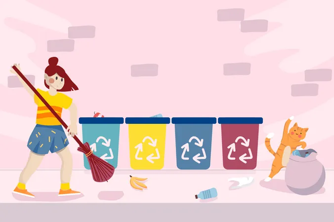 Un petit bénévole balayant les ordures en ville  Illustration