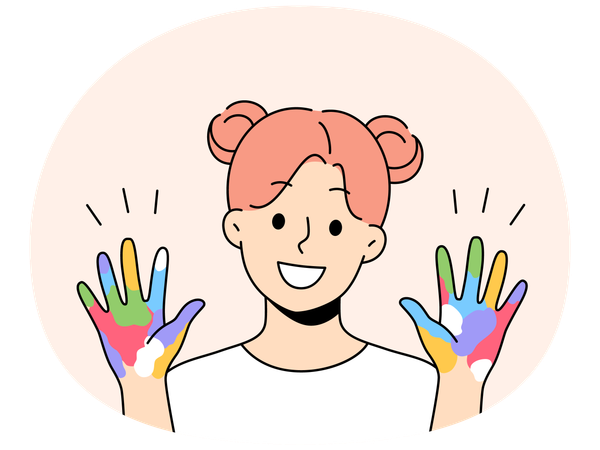 Une petite artiste montre des palmiers colorés peints à l'aquarelle  Illustration