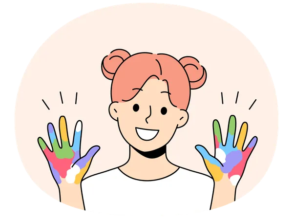 Une petite artiste montre des palmiers colorés peints à l'aquarelle  Illustration